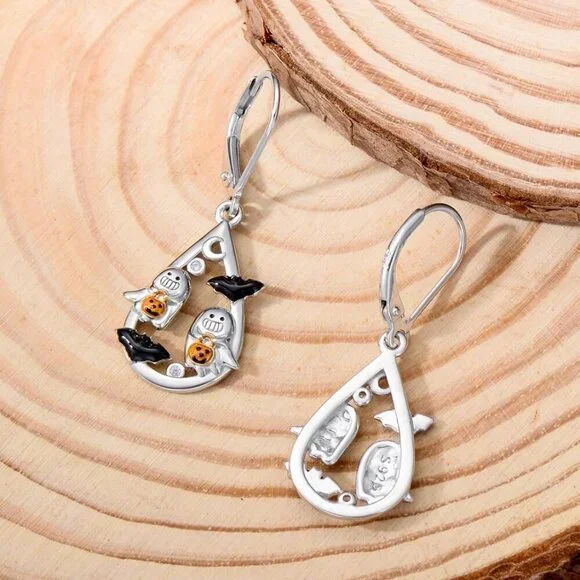 925 Sterling Silver Halloween Earrings Black Cat Pumpkin Skeleton Leverback Jewe